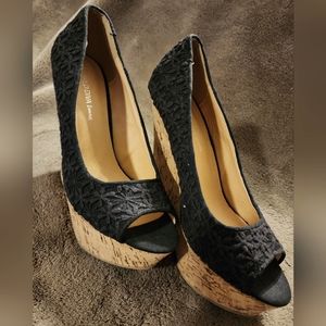 Black Lace Wedge Cork Platform Heels